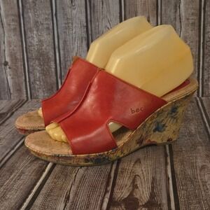 Sz 8 M b.o.c. Born Concept Red Leather Floral Cork Wedge Sandals Slides VGUC!